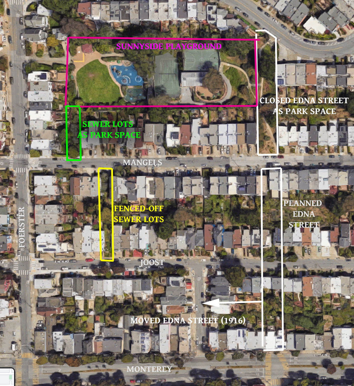 Marked version of Eagle View satellite photo showing location of park