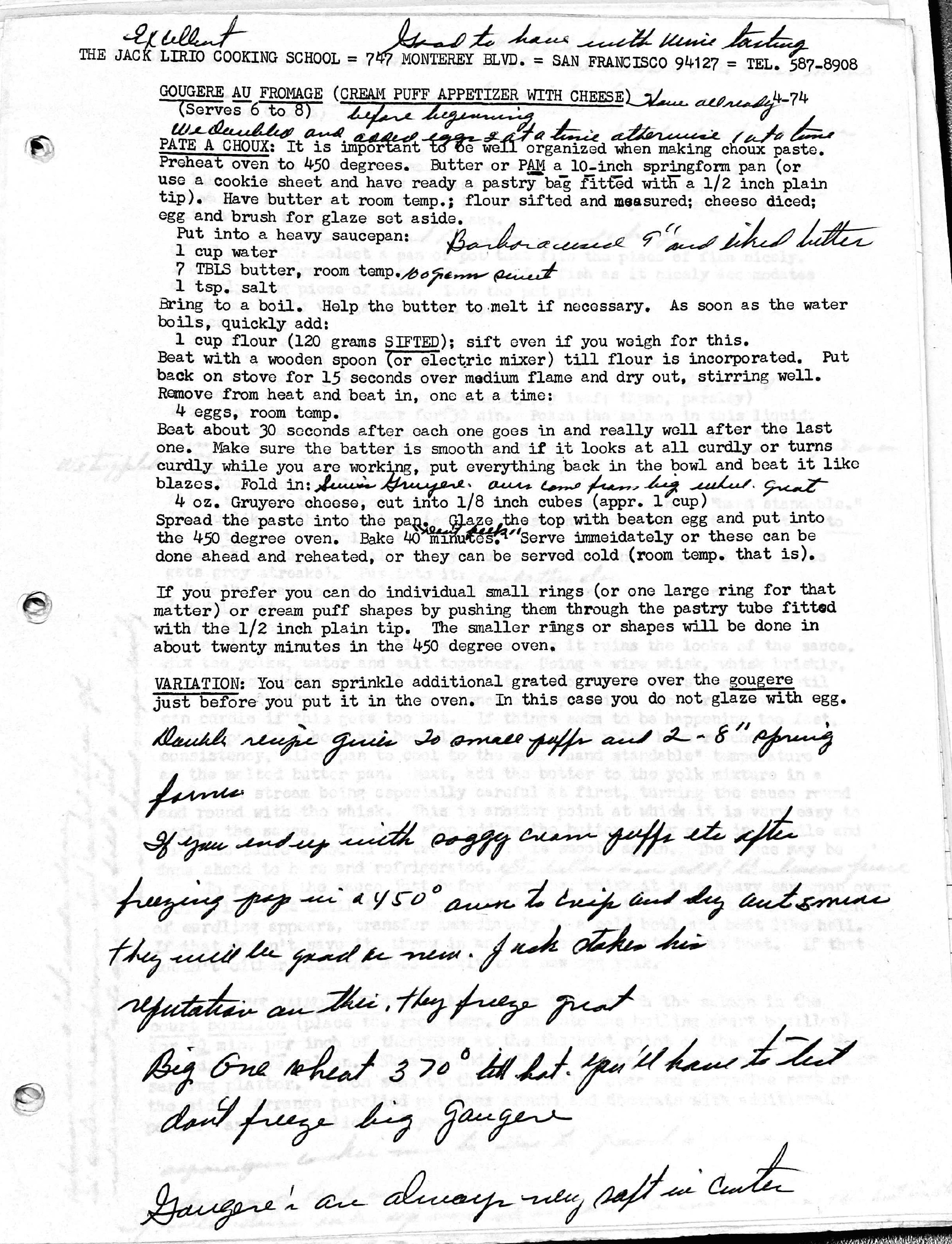 Jack Lirio’s recipe for Gougere au Fromage, April 1970. Helen Pierce ...